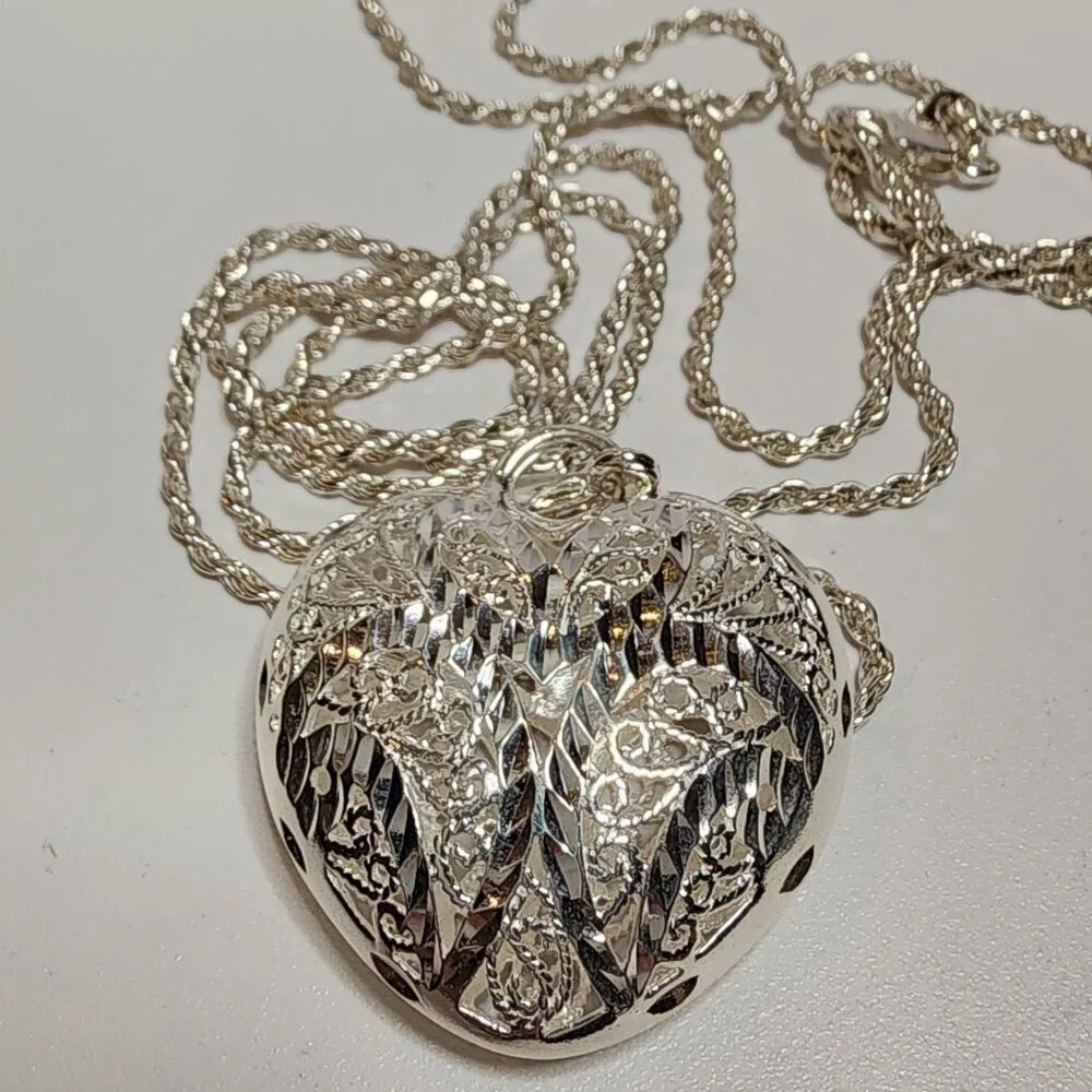925 Silver Filigree Puffy Heart Pendant with Long Rope Chain